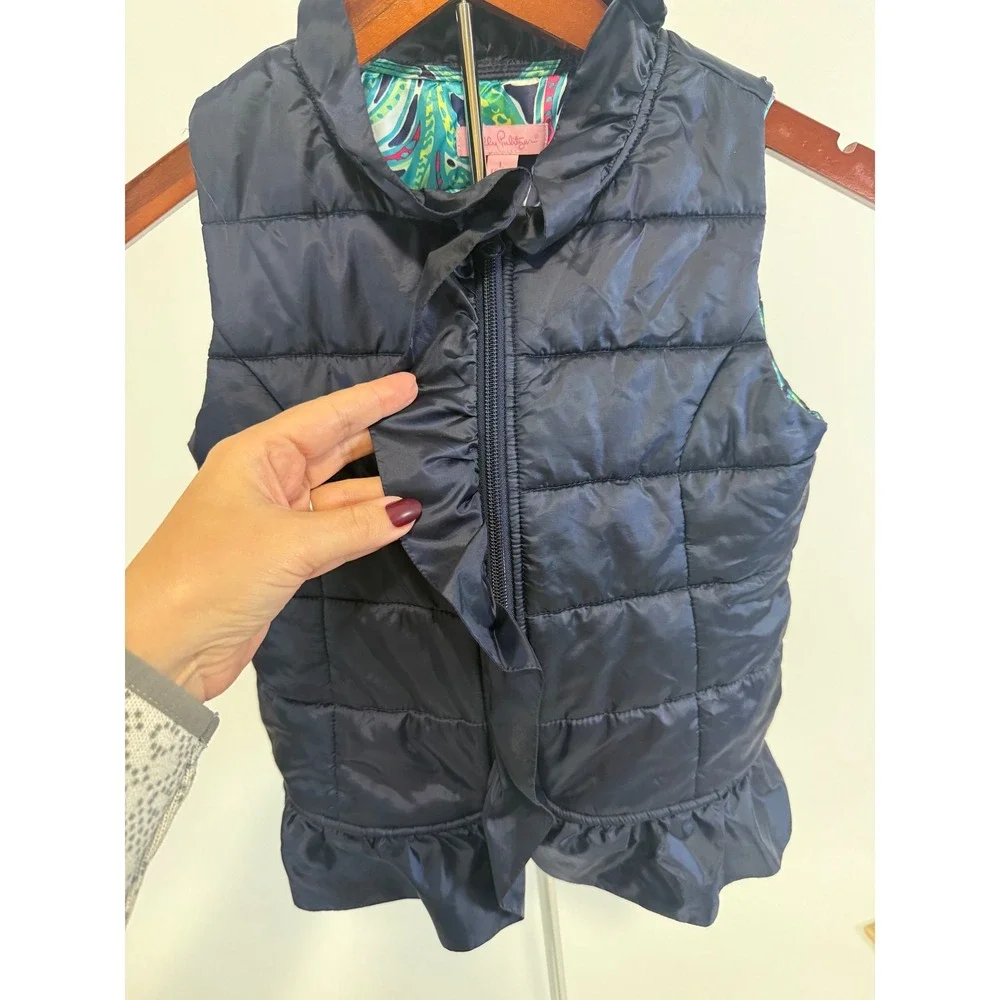 Lilly Pulitzer Puffer Vest Girls Large 8–10 Ruffle Hem‎ Quilted Navy Blue